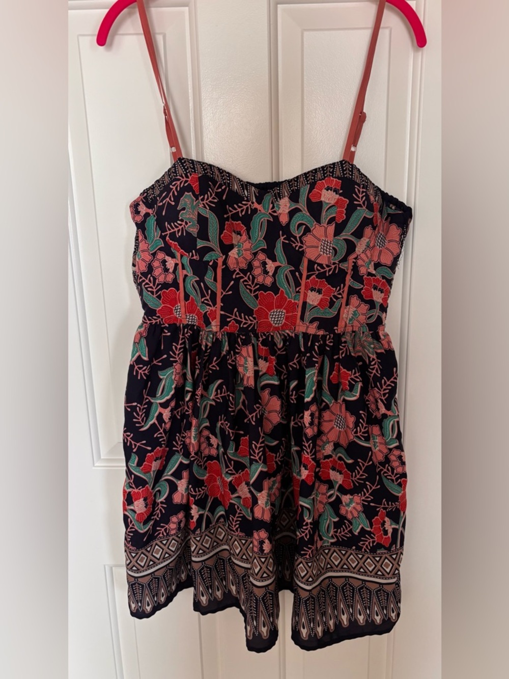 Band of Gypsies Black Floral Mini Dress with Coral and Teal Print